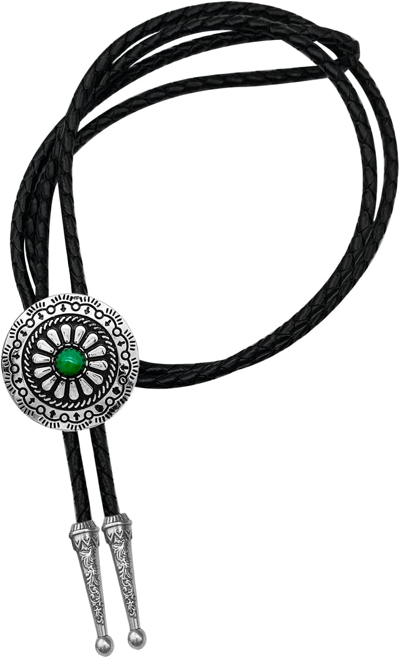 YOQUCOL Vintage American Western Cowboy Indian Art Stone Genunie Leather Bolo Tie For Men Women - Image 1